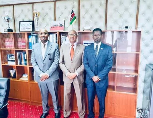Photo Left Somaliland Ambassador to Kenya Bashe Awil Omer, Kenya's state minister of Health Dr Rashid Abdi Aman , Right Somaliland Deputy Ambassador to Kenya Ayanle Salad Dire