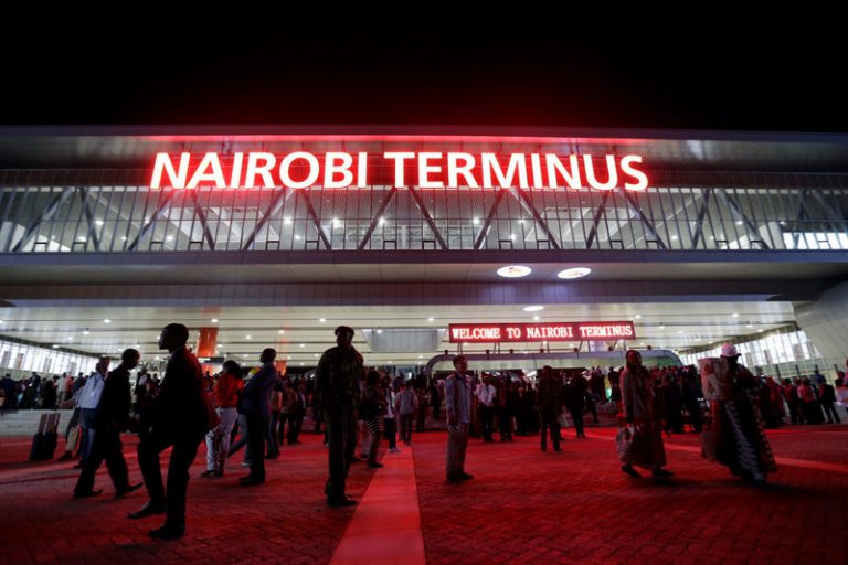 Red neon announces the "Nairobi Terminus" at the Chinese-financed Standard Gauge Railway station in Kenya's capital. Thomas Mukoya/Reuters