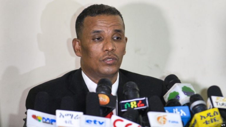 Ethiopia’s Attorney General Birhanu Tsegaye speaks about the corruption and human rights violation reports in the country, following the detention of 63 military and intelligence officers in Addis Ababa, Nov. 12, 2018.