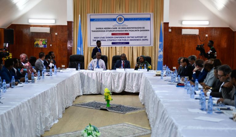 Representatives from the Somali Federal Government, Federal Member States, United Nations and the International Community attend a High Level Donor Conference on the Support of the National Strategy for Public Awareness held in Mogadishu, Somalia on 17 February 2019. UN Photo / Ilyas Ahmed