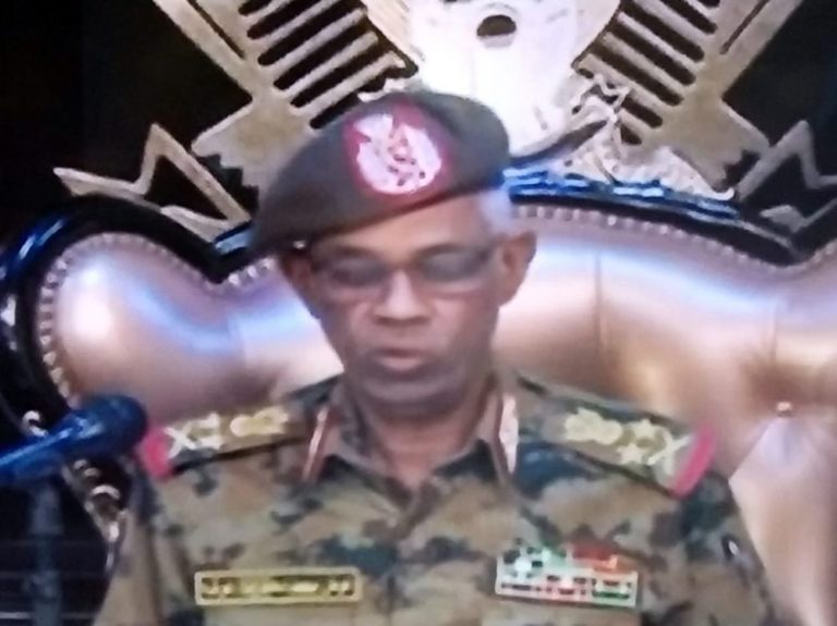 Sudanese Defense Minister Ahmed Awad Ibn Auf speaks on television on April 11. Source: Sudan TV