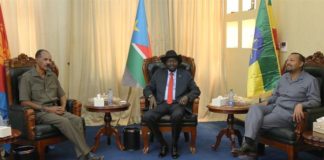 Eritrean President Isaias Afwerki, South Sudan's President Salva Kiir and Abiy Ahmed, prime minister of Ethiopia, attend a meeting in Juba, South Sudan on March 4, 2019 [Jok Solomun/Reuters]