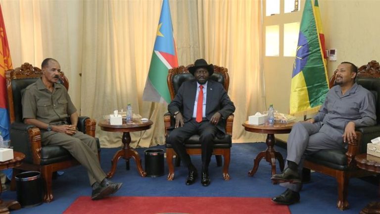 Eritrean President Isaias Afwerki, South Sudan's President Salva Kiir and Abiy Ahmed, prime minister of Ethiopia, attend a meeting in Juba, South Sudan on March 4, 2019 [Jok Solomun/Reuters]