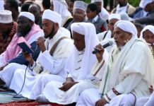 Muslims gather to perform the Eid Al-Adha prayer at Addis Ababa Stadium in Ethiopia on August 11, 2019. Muslims worldwide celebrate Eid Al-Adha, to commemorate the holy Prophet Ibrahim's (Prophet Abraham) readiness to sacrifice his son as a sign of his obedience to God, during which they sacrifice permissible animals, generally goats, sheep, and cows. Eid-al Adha is the one of two most important holidays in the Islamic calendar, with prayers and the ritual sacrifice of animals. ( Minasse Wondimu Hailu - Anadolu Agency )