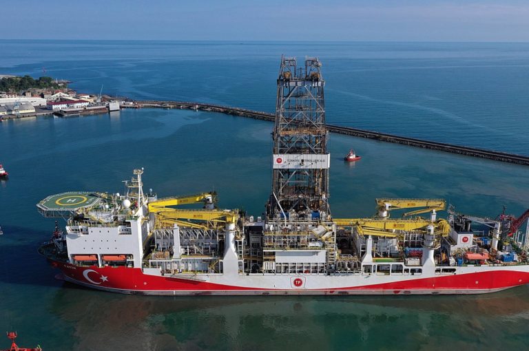 A drone photo shows the Turkish drillship Fatih leaving the Port of Trabzon for a drilling mission in the Black Sea, northeastern Turkey, June 26, 2020. (AA Photo)