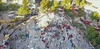 File Photo - A drone photo shows search and rescue works continuing for survivors of the collapsed Emrah Apartment after a magnitude 6.6 quake shook Turkey's Aegean Sea coast, in Izmir, Turkey on October 31, 2020. ( Ahmet Bayram - Anadolu Agency )