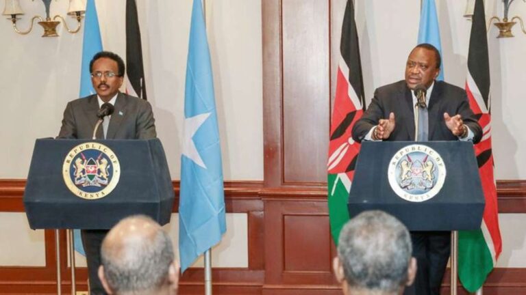 Somali President Mohamed Farmaajo and Kenyan President Uhuru Kenyatta at a past press conference in Nairobi. PHOTO | FILE | NMG