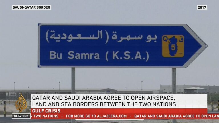 A road sign is seen near Abu Samra border crossing to Saudi Arabia, Qatar June 12, 2017. REUTERS/Tom Finn