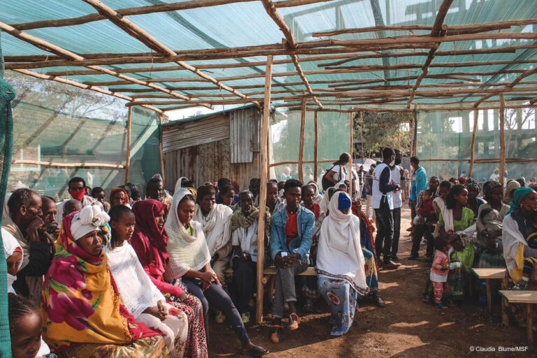 Waiting area of MSF’s clinic at Primary School IDP site, Shire. (12.2.2021)