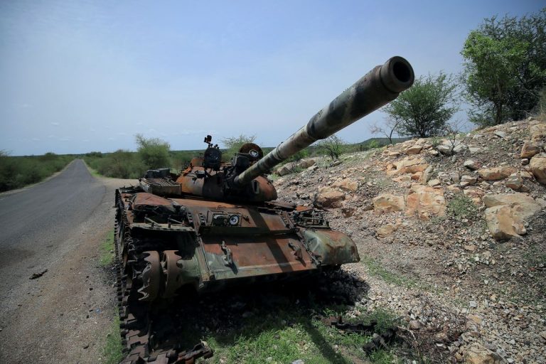 A tank damaged during the fighting between Ethiopia's National Defense Force (ENDF) and Tigray Special Forces stands on the outskirts of Humera town in Ethiopia July 1, 2021. REUTERS/Stringer/File Photo/File Photo