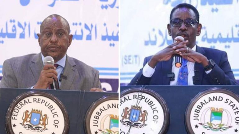 Abdullahi Sheikh Ismail Fartaag (left) and Ilyas Bedel Gabbose from Jubbaland have been elected senators of Somalia's 11th Parliament. PHOTOS | COURTESY | JUBBALAND STATE HOUSE