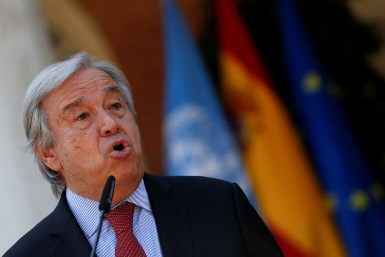 U.N. Secretary-General Antonio Guterres speaks during a news conference before a meeting with Spain's Prime Minister Pedro Sanchez at Moncloa Palace in Madrid, Spain, July 2, 2021. REUTERS/Susana Vera