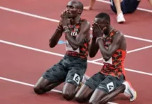 Kenya's Ferguson Cheruiyot Rotich (L) and Kenya's Emmanuel Kipkurui Korir react after the men's 800m final during the Tokyo 2020. PIC: COURTESY