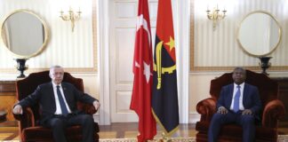 President Recep Tayyip Erdoğan (L) and Angolan President Joao Lourenco during their meeting at the Presidential Palace in Luanda, Angola, Oct. 18, 2021. (EPA Photo)