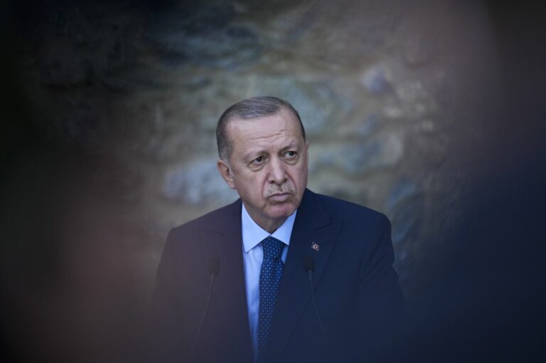 President Recep Tayyip Erdoğan listens to a question during a joint news conference with German Chancellor Angela Merkel following their meeting at Huber Villa presidential palace, in Istanbul, Saturday, Oct. 16, 2021. (AP Photo)