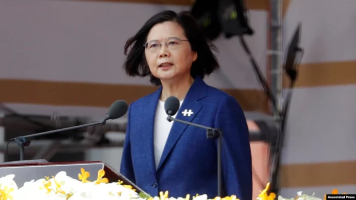 Taiwanese President Tsai Ing-wen delivers a speech during National Day celebrations in front of the Presidential Building in Taipei, Taiwan, Oct. 10, 2021.
