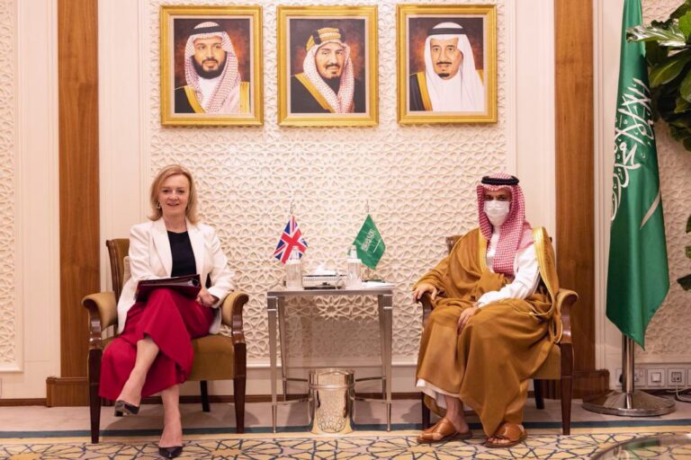 Foreign Secretary Liz Truss with her Saudi counterpart His Highness Faisalbin Farhan in Riyadh. Photo credit: UK Gov