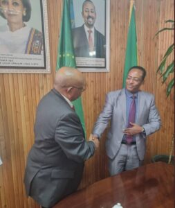 Somaliland foreign minister Dr. Isse Keyd shakes hand with Ethiopian State Minister of Foreign Affairs Redwan Hussein