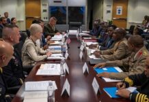 Celeste Wallander, the assistant secretary of defense for international security affairs, and Chidi Blyden, the deputy assistant secretary of defense for African affairs, meet with Kenya Cabinet Defense Secretary Eugene L. Wamalwa at the Pentagon in Arlington, Va., May 4, 2022.