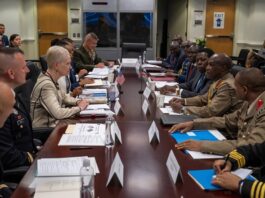 Celeste Wallander, the assistant secretary of defense for international security affairs, and Chidi Blyden, the deputy assistant secretary of defense for African affairs, meet with Kenya Cabinet Defense Secretary Eugene L. Wamalwa at the Pentagon in Arlington, Va., May 4, 2022.