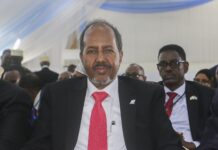 Former President Hassan Sheikh Mohamud after being sworn in as the new president of Somalia after being elected by Somali members of parliament in the presidential elections in the capital Mogadishu, Somalia, May 15, 2022.( EPA Photo)