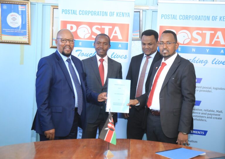 From left to right: Postal Corporation of Kenya Postmaster General Dan Kagwe, Cabinet Secretary for Information, Communication and Youth Affairs Joe Mucheru, Somaliland Deputy Ambassador to Kenya Sharmake Gele and Director General Somaliland Postal Services Yousouf Warsame soon after signing a Memorandum of Understanding between the two postal bodies. /COURTESY