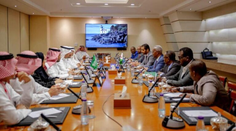 Part of the meeting between the Djibouti delegation and members of the Saudi business community at the Federation of Saudi Chambers on Tuesday, May 31, 2022. (Asharq Al-Awsat)