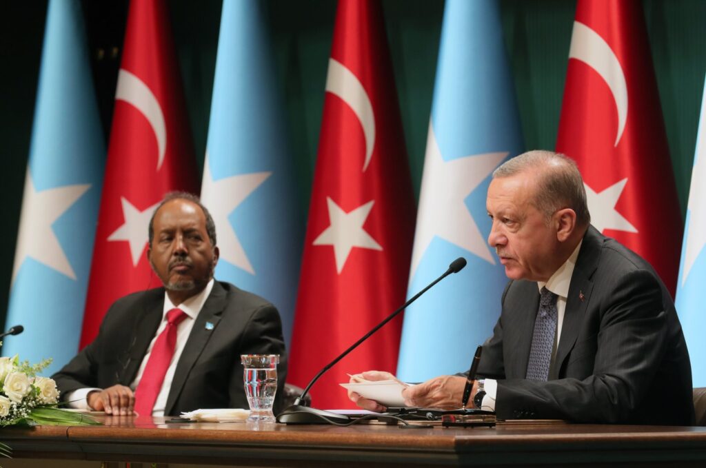 President Recep Tayyip Erdoğan (R) speaks at a joint press conference with his Somali counterpart Hassan Sheikh Mohamud in the capital Ankara, Turkey, July 6, 2022. (AA Photo)