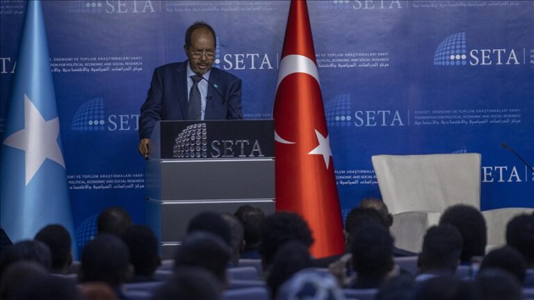 President of Somalia Hassan Sheikh Mohamud makes statements during a panel on "benefits of Turkiye-Somalia partnership - a discussion on Somalia's experience" organized by the Foundation for Political, Economic and Social Research (SETA) in Ankara, Turkiye on July 05, 2022.