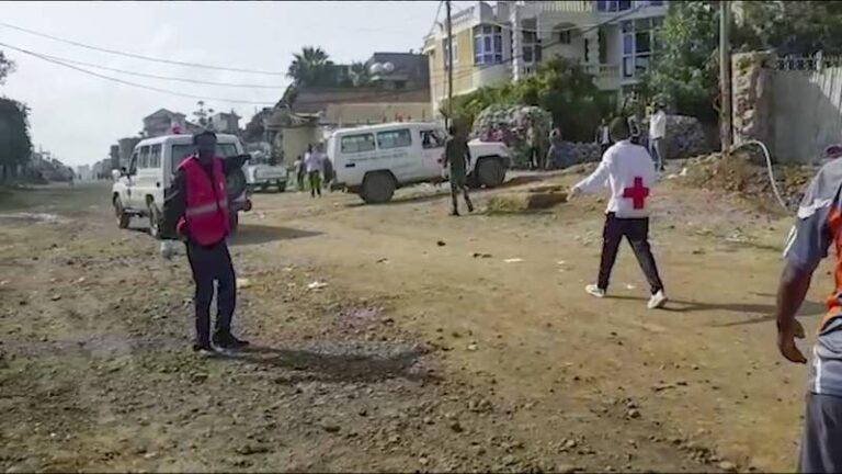 Medics attend the scene of an air strike in Mekele, capital of the Tigray region of northern Ethiopia, on September 14. AP