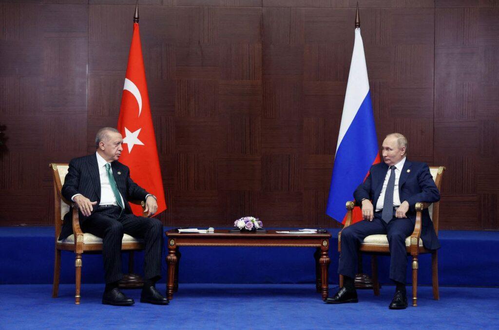 Russia's President Vladimir Putin and Turkey's President Tayyip Erdogan meet on the sidelines of the 6th summit of the Conference on Interaction and Confidence-building Measures in Asia (CICA), in Astana, Kazakhstan October 13, 2022. Sputnik/Vyacheslav Prokofyev/Pool via REUTERS/File Photo
