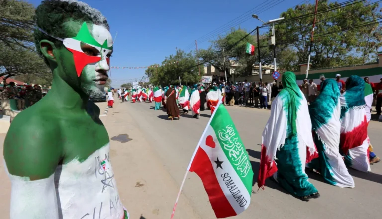 A man with body paint in the colours of the national flag participates in a street parade to celebrate the 24th self-declared independence day for the breakaway Somaliland nation from Somalia in capital Hargeysa, May 18, 2015. REUTERS/Feisal Omar