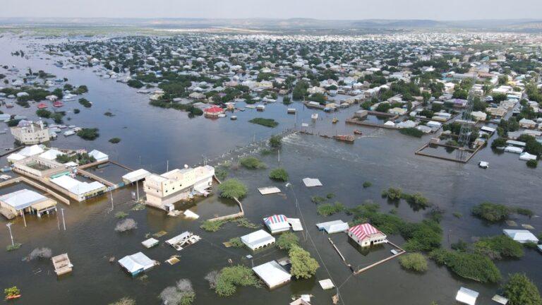 This aerial photo shows a view of flood-hit Beledweyne, central Somalia, Nov. 20, 2023. (Photo by Abdullah Boyow/Xinhua)