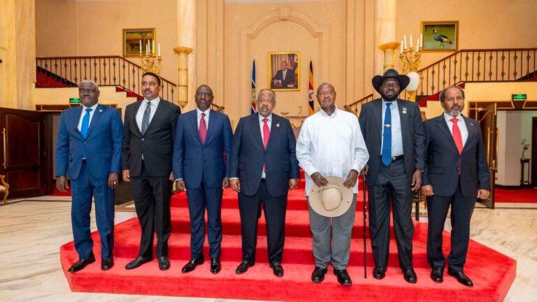 Leaders pose for 'family photo' during the 42nd Extraordinary Assembly of Igad Heads of State in Uganda on January 18, 2024. From left: African Union Commission chair Moussa Faki, Igad Executive Secretary Workneh Gebeyehu, and Presidents William Ruto of Kenya, Djibouti's Ismail Omar Guelleh, Yoweri Museveni of Uganda, Salva Kiir of South Sudan and Somalia's Hassan Sheikh Mohamud. PHOTO | PCS