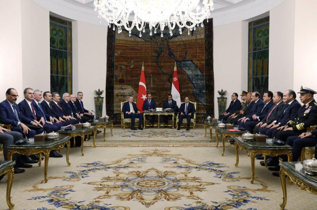 President Recep Tayyip Erdoğan meets with Egypt's President Abdel Fattah el-Sissi at Al-Ittihadiya Palace in Cairo, Egypt Feb.14, 2024. (Turkish Presidential Press Office/Handout via Reuters)
