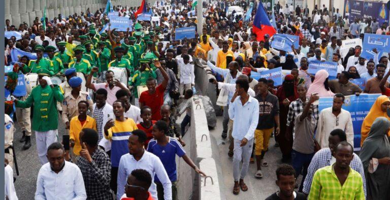 (1/2) FILE - Somalis march against the Ethiopia-Somaliland port deal in Mogadishu, Somalia, on Jan. 11, 2024.