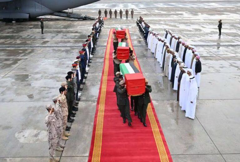 The bodies of three of the Emirati armed forces officers killed in a terrorist attack in Somalia arrive at Al Bateen Airport. A fourth officer died of his injuries after being flown back to the UAE. Wam