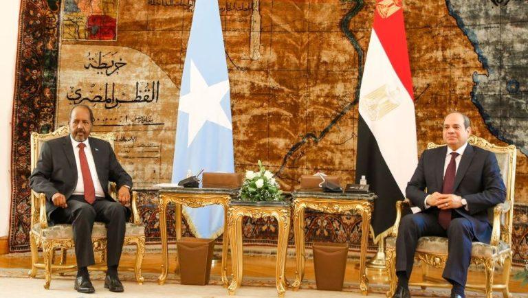 Egyptian President Abdel Fattah el-Sisi (R) pictured alongside Somali President Hassan Sheikh Mohamud at the Presidential palace in Cairo, Egypt, on July 25, 2022. /Villa Somalia