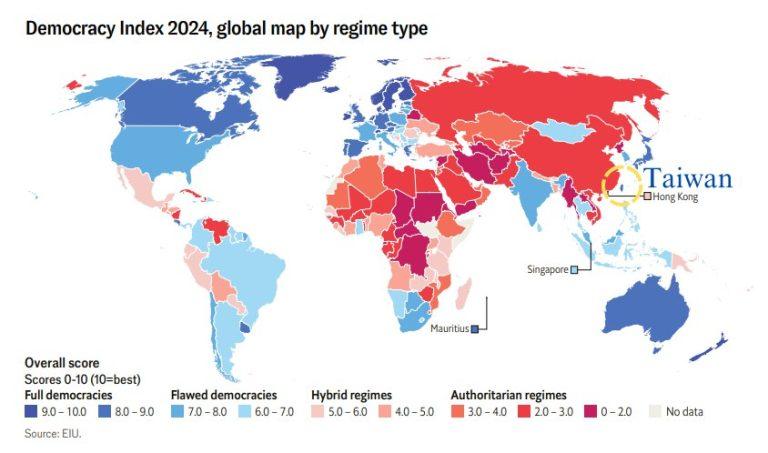 Taiwan ranks 12th in 2024 democracy index, leads in Asia Image source: eiu.com