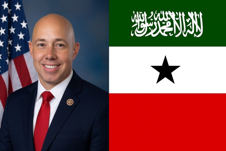 U.S. Representative Brian Mast (R-FL) pictured alongside the flags of the United States and Somaliland, amid growing congressional efforts to deepen engagement with the Horn of Africa territory.
