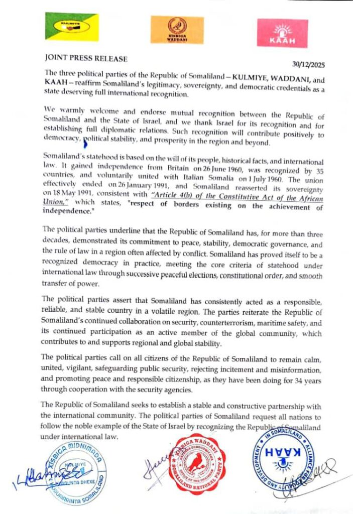 Somaliland Political Parties Endorse Israel Ties, Hail Recognition as Historic Breakthrough