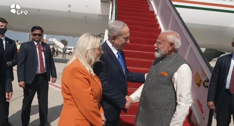 Modi was welcomed at Ben-Gurion Airport by Netanyahu and his wife, Sara Netanyahu,