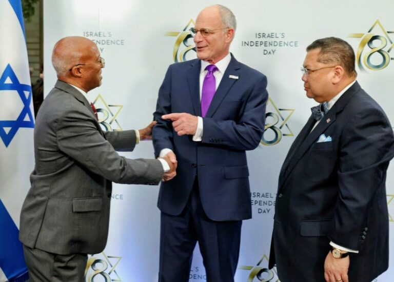 Ambassador Bashir Goth and former U.S. Special Envoy for the Sahel J. Peter Pham attend Israel’s Independence Day event alongside Israeli Ambassador Yechiel Leiter in Washington.