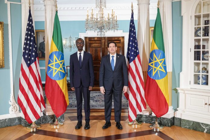 Ethiopian Foreign Minister Gedion Timothewos shakes hands with U.S. Secretary of State Marco Rubio following bilateral discussions in Washington on strengthening strategic ties and regional cooperation. Source: Ethiopia MFA Ethiopian Foreign Minister Gedion Timothewos shakes hands with U.S. Secretary of State Marco Rubio following bilateral discussions in Washington on strengthening strategic ties and regional cooperation. Source: Ethiopia MFA