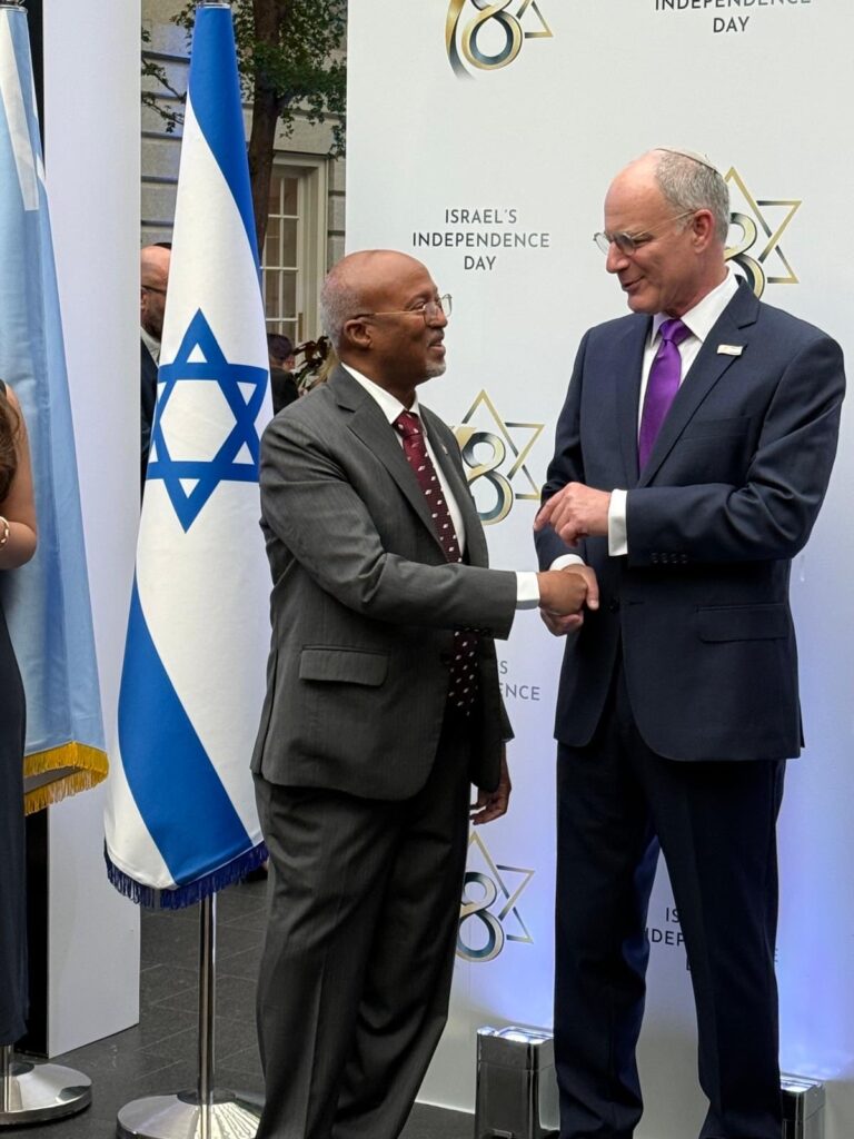 Somaliland’s Representative to the United States, Ambassador Bashir Goth, meets Israel’s Ambassador to the U.S. Yechiel Leiter during Israel’s Independence Day celebrations in Washington, reflecting growing Somaliland-Israel diplomatic engagement.