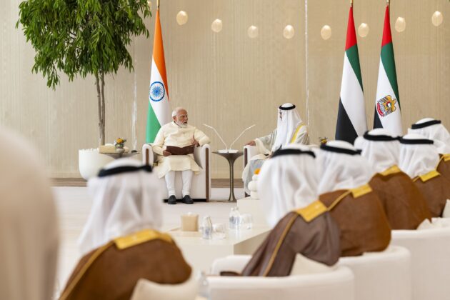 Narendra Modi and Mohamed bin Zayed Al Nahyan hold bilateral discussions in Abu Dhabi on expanding cooperation in trade, energy, technology and regional security. Photo by WAM.