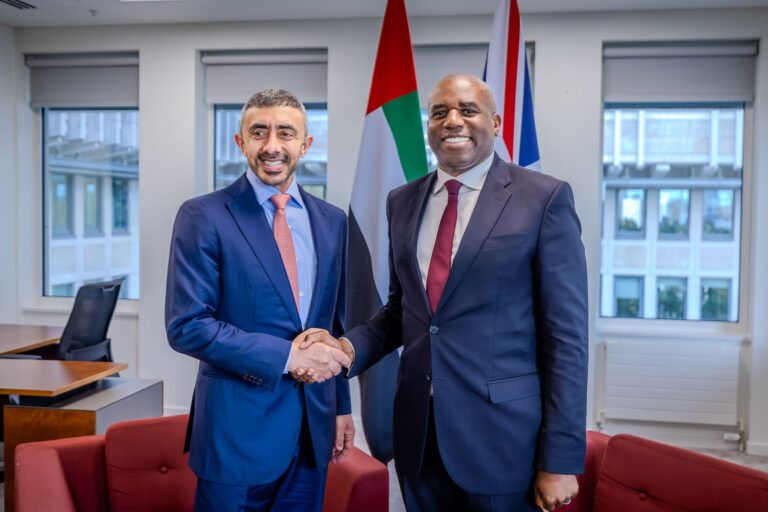Abdullah bin Zayed Al Nahyan met Britain’s David Lammy in London on Thursday, where the two sides discussed regional security