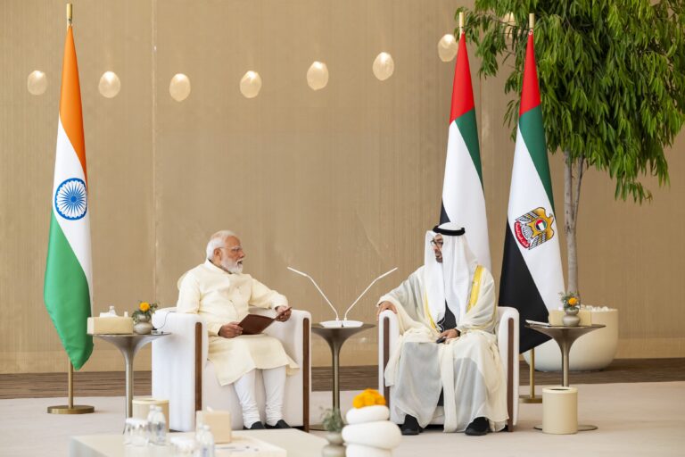 Mohamed bin Zayed Al Nahyan meets with Narendra Modi during talks in Abu Dhabi focused on strengthening the UAE-India Comprehensive Strategic Partnership and reviewing regional developments, including maritime security and economic cooperation. Photo by WAM.