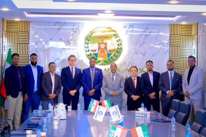 Somaliland Finance Minister Abdillahi Hassan Aden (R) welcomes Hideki Matsunaga, the World Bank's Country Manager for Somalia, during a meeting in Hargeisa to discuss ongoing development projects and future cooperation, June 9, 2026.