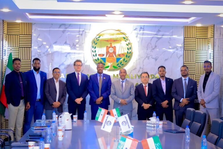 Somaliland Finance Minister Abdillahi Hassan Aden (R) welcomes Hideki Matsunaga, the World Bank's Country Manager for Somalia, during a meeting in Hargeisa to discuss ongoing development projects and future cooperation, June 9, 2026.